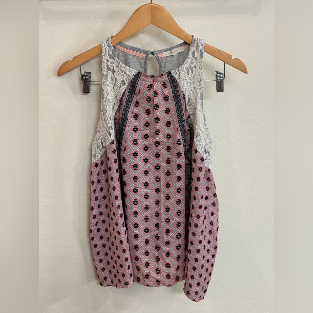 Hint of Mint Pink Geometric Lace Accented Boho Tank Top Size Large